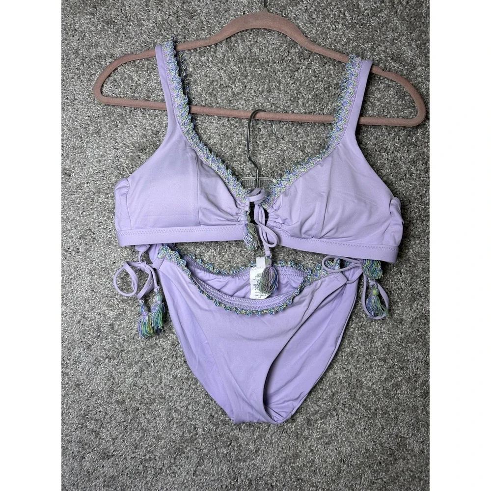 BECCA by Rebecca Virtue Iris Purple Crochet‎ Trim Bikini Set Size Large EUC!